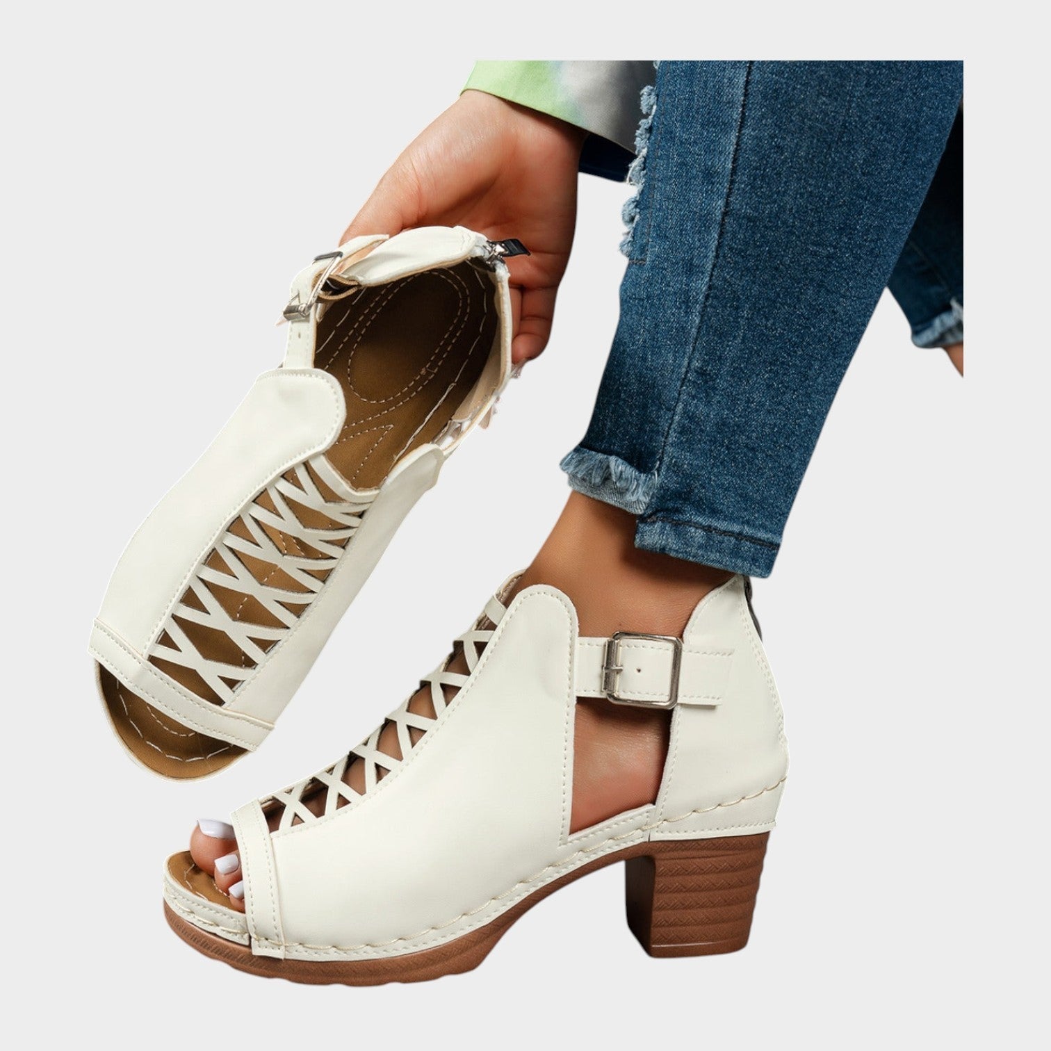 Cutout Lace-Up Block Heel Sandals