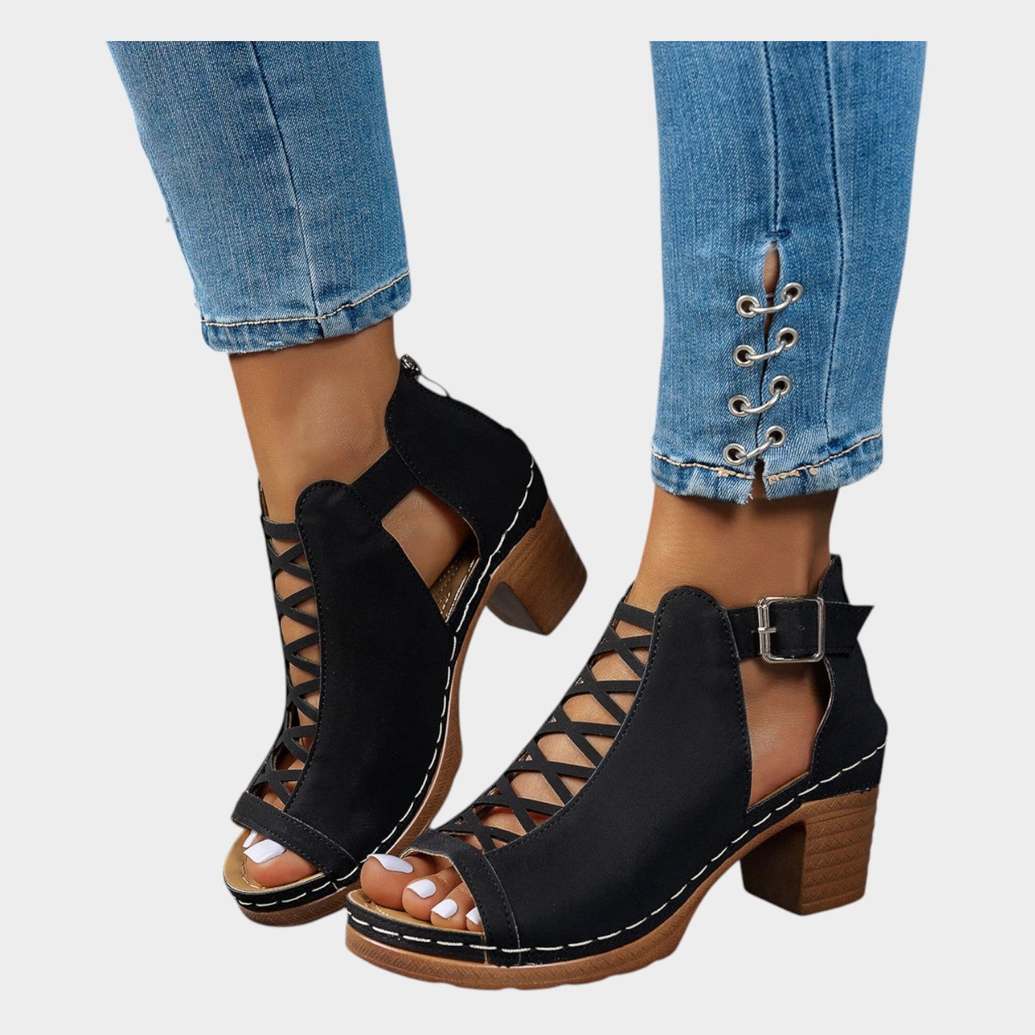 Cutout Lace-Up Block Heel Sandals