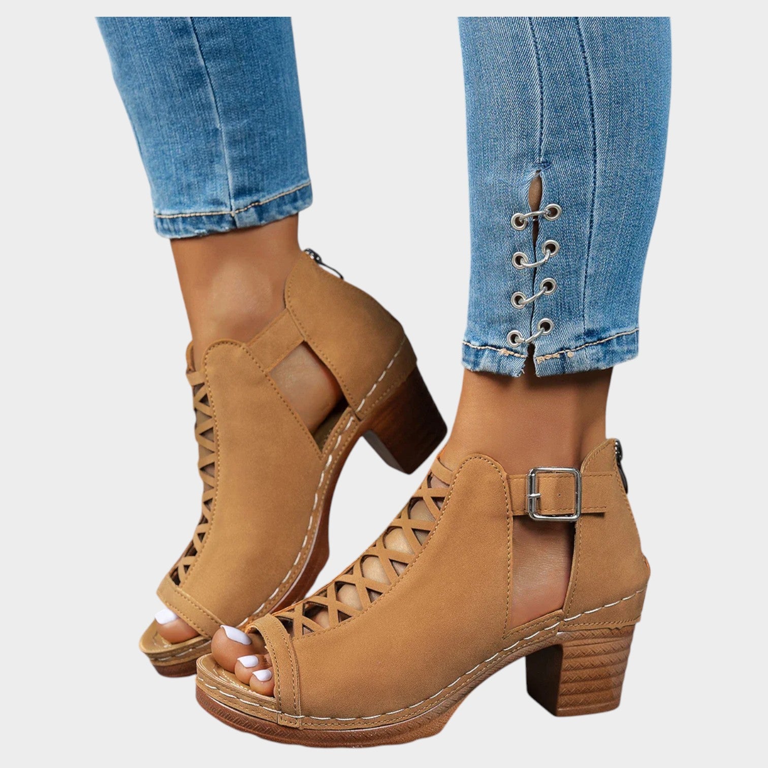 Cutout Lace-Up Block Heel Sandals